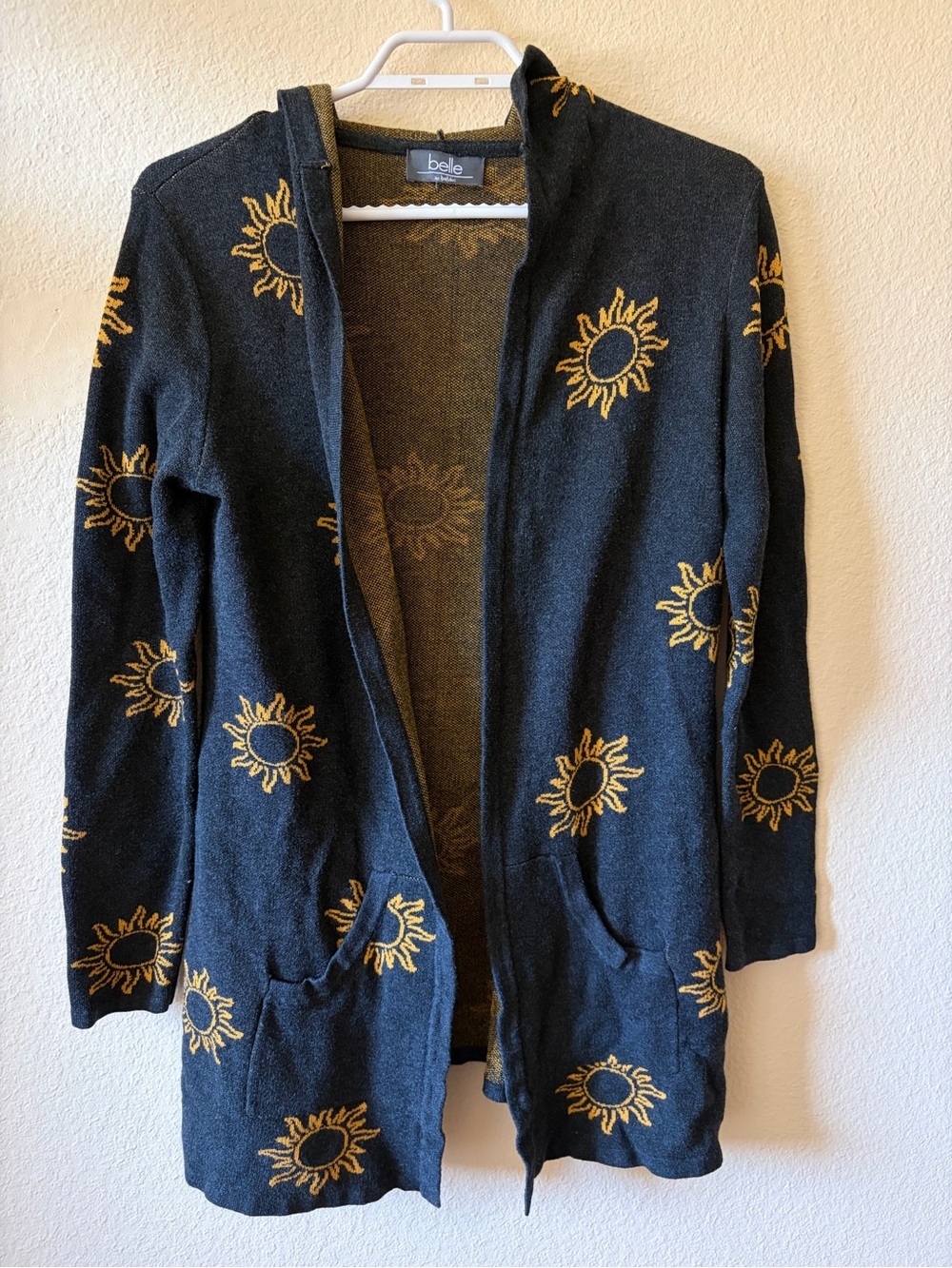Belle by Bellini Hooded Sun Open Cardigan Black Knit Boho Cozy Sweater pockets - Picture 2 of 10